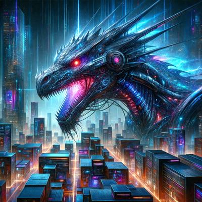 Primary subject: A large, futuristic, mechanical dragon with a mouth full of teeth, standing in the middle of a city.

Setting/background: The city is filled with tall buildings, and the dragon is surrounded by a neon-lit environment.

Visual style: The image is a digital art or illustration, featuring a detailed and intricate design of the dragon.

Colors and mood: The dominant colors are purple, blue, and pink, creating a vibrant and futuristic atmosphere. The mood of the image is mysterious and captivating, as the dragon stands out against the backdrop of the city.